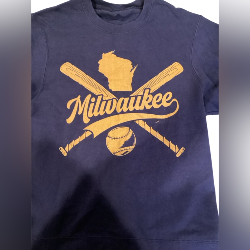 Milwaukee Brewers Baseball Womens Crewneck Sweatshirt Navy Blue Gold Small - Picture 3 of 3